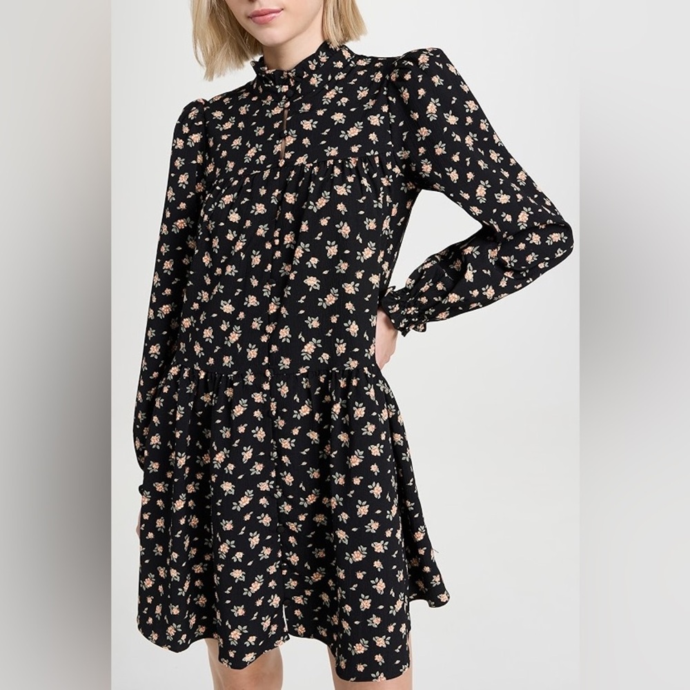 English Factory Floral Tiered Mini Babydoll Dress Size M Black High Neck